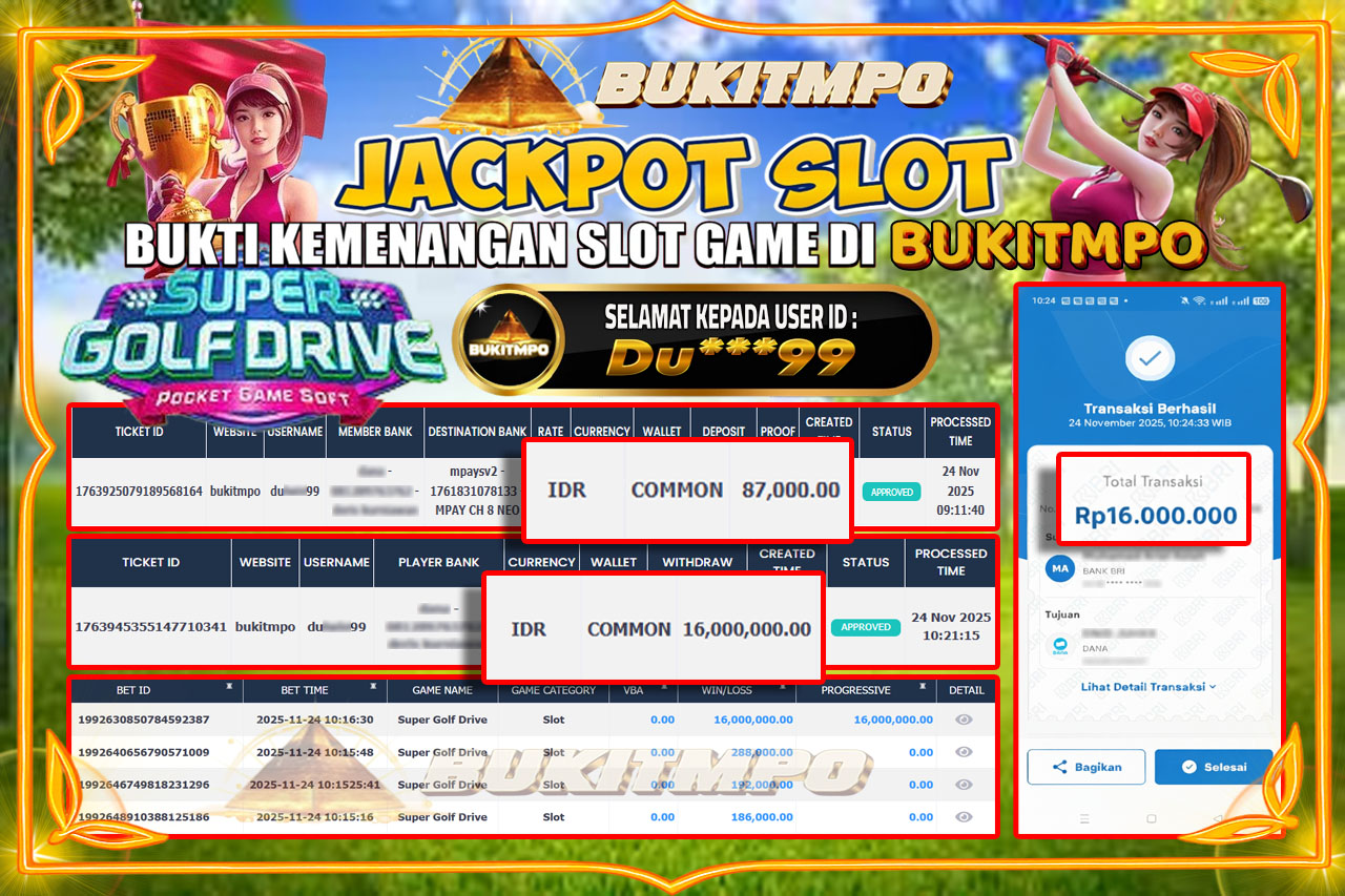 BUKITMPO JACKPOT SUPER GOLF DRIVE  - PG SOFT Rp.16,000,000.00,- LUNAS